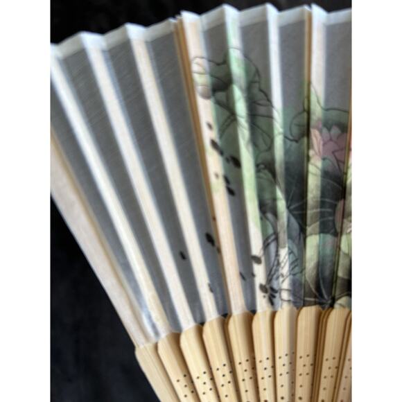 Vintage Japanese Folding Fan Bamboo Frame Floral Asian With Box Retro Design - Picture 9 of 11